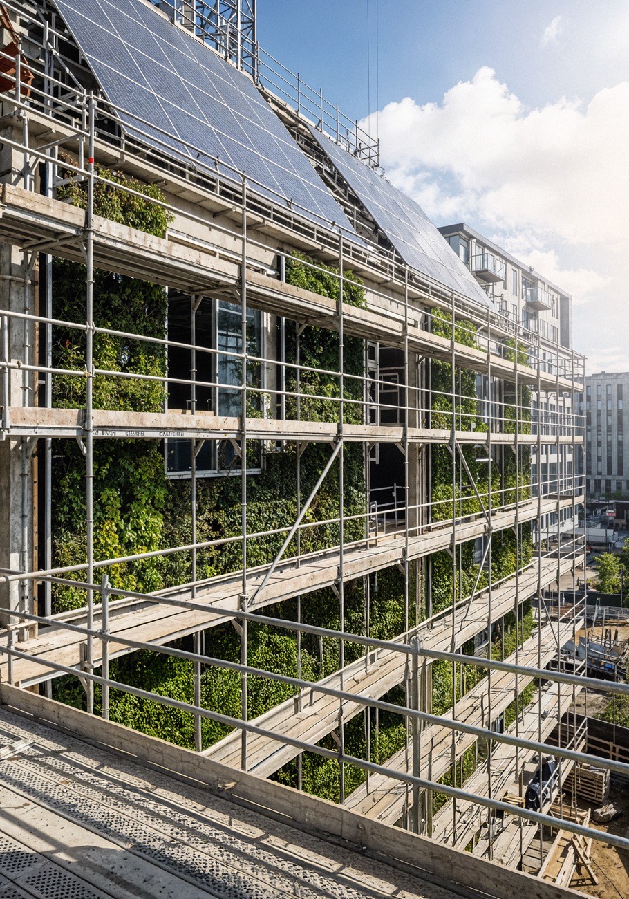 Groene gevel met zonnepanelen en steiger — duurzaam verbouwen en renoveren met In Stijl Totaalbouw